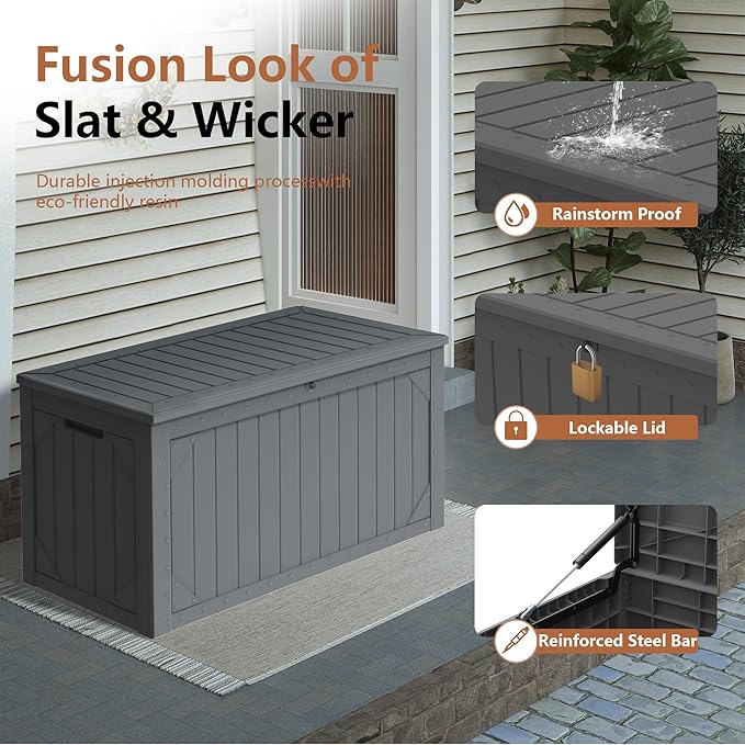 100 Gallon Outdoor Storage Box Waterproof, Lockable Resin Deck Box Patio Storage Bin for Pool Accessories Cushion Furniture, Garden Tools, UV-Resistant Outside Delivery, Grey