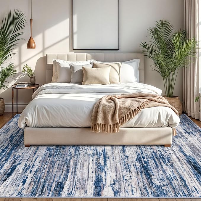 8x10 Modern Abstract Area Rug for Bedroom, Navy Blue Gray Neutral Multi Large Super Soft Washable Rugs with Non-Slip, Non-Shedding Carpet for Living Room, Indoor Door Mat For Office Home Décor