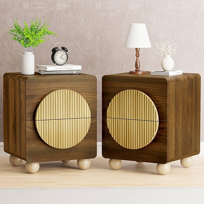 23" Fluted Nightstand with Solid Wood Legs Set of 2, Modern Style Walnut Bedside Table with Round Moon Handle & Storage, Mid Century Cute Night Stand for Bedroom, Side Table, End Table