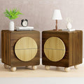 23" Fluted Nightstand with Solid Wood Legs Set of 2, Modern Style Walnut Bedside Table with Round Moon Handle & Storage, Mid Century Cute Night Stand for Bedroom, Side Table, End Table
