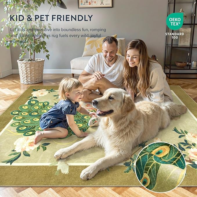 Lahome Peacock Washable Rugs 5x7, Soft 5x7 Rugs for Living Room Bedroom, Floral Vintage Non-Slip Low Pile Stain Resistance Carpet for Farmhouse Dining Room Office, Beige