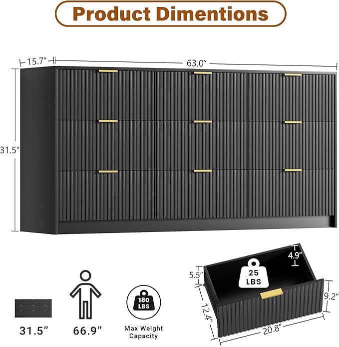 Black Dresser for Bedroom, Modern Dresser with 9 Drawers and Smooth Slides, Wide Chest of Drawers with Golden Handles for Bedroom, Living Room, Closet, 15.7" D x 63" W x 31.5" H