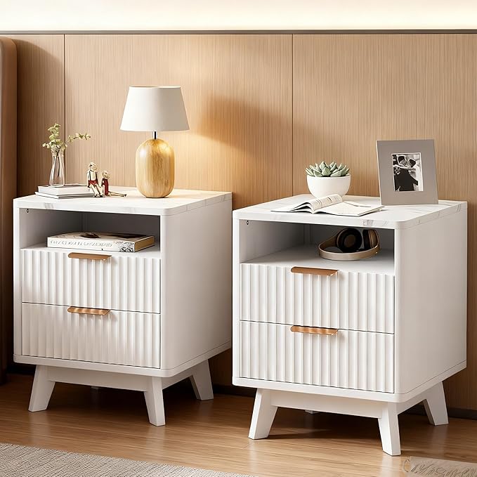 White Nightstand Set of 2, 18" Modern Night Stand with Faux Marble Top, Open Storage Shelf, Curved Edge Bedside Table for Bedroom, End Side Table