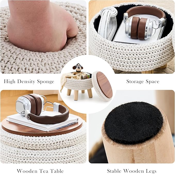 LGENHOOM Round Storage Ottoman Foot Rest Cotton Braided Foot Stool Pouf Ottoman with Solid Wood Legs Footstool with Storage Shoe Changing Stool for Living Room White