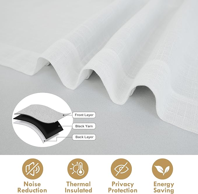 DriftAway Double Layer Linen Blackout Tie Up Curtains Thermal Insulated Fully Lined Balloon Roman Shade Bathroom Window Adjustable Rod Pocket for Small Window 39 Inch by 55 Inch White