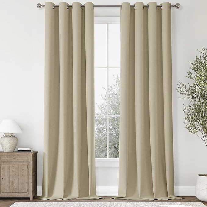 ChrisDowa 100% Blackout Tan Solid Curtains 102 Inches Long 2 Panels for Bedroom Living Room,Farmhouse Room Darkening Thermal Insulated Soundproof Grommet Top Window Treatment Drapes,52x102