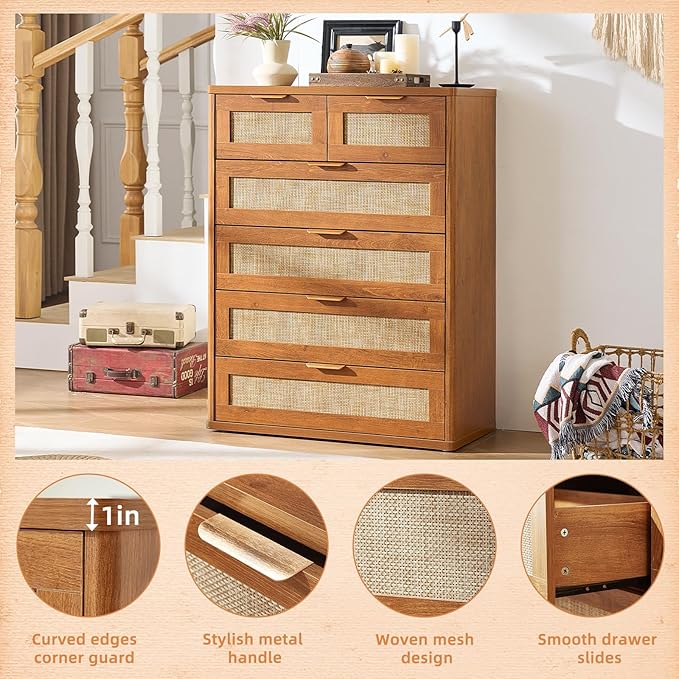 LEYAOYAO Rattan Dresser for Bedroom, 41" Tall Chest of Drawers, Modern 6 Drawers Boho Dressers with Storage, Vintage Brown Dresser Wooden Closet Organizer for Living Room, Hallway