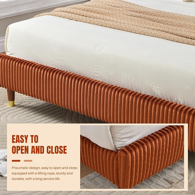 PINJU Queen Size Bed Frame, Upholstered Platform Bed with Modern Vertical Striped Wingback Headboard with Wooden Slats, Easy to Assemble No Noise Free (OCHER, Queen (U.S. Standard))