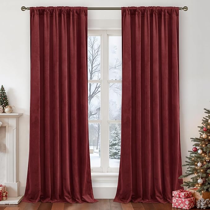 LAMIT Burgundy Red Velvet Curtains for Living Room Theater, 102 Inch Thermal Insulated Panels Vintage Room Darkening Back Tab and Rod Pocket Christmas Drapes for Bedroom, 2 Panels, 52 x 102 Inch