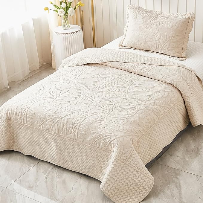 MarCielo 3-Piece 100% Cotton Oversized Bedspread Lightweight Quilt Coverlet Embroidery Farmhouse Bedding Set T0 (Yellowish Beige, Twin (68"x86"))