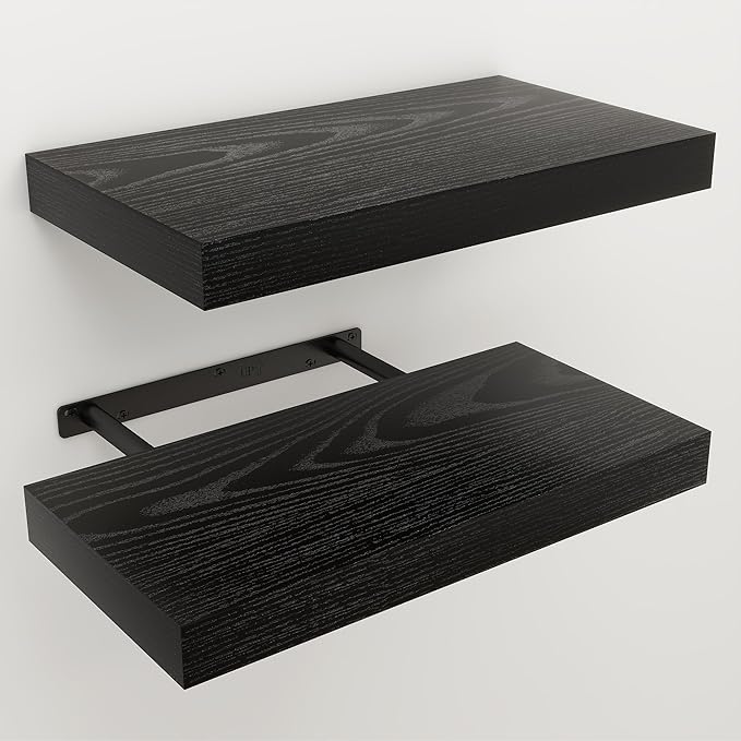 Floating Shelves for Wall, 7.9" Deep Wall Mounted Wood Shelves for Bathroom, Bedroom, Living Room, Kitchen, Hanging Shelf for Books/Storage/Room Decor (Black, 16")