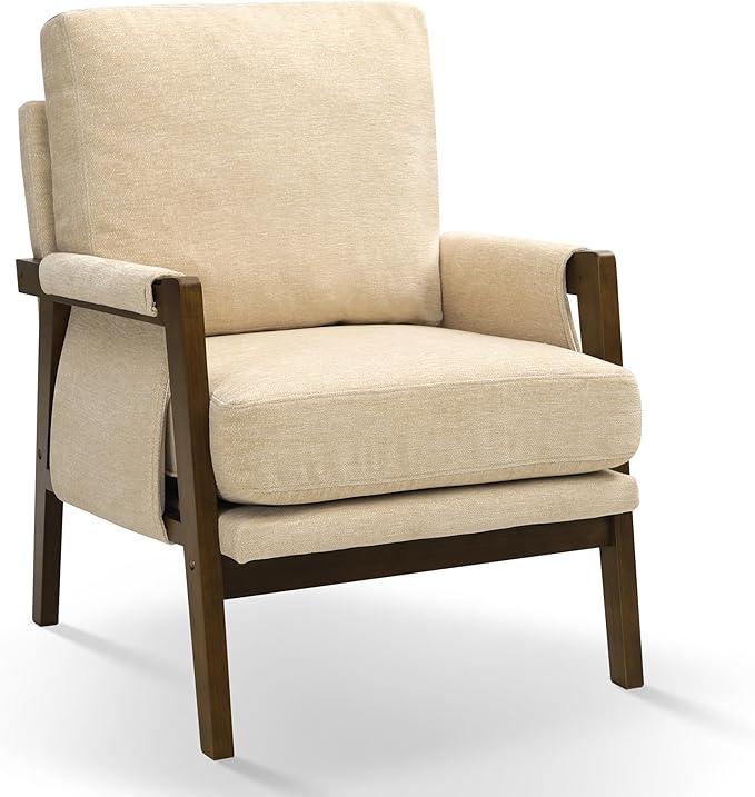 Beige Accent Chair for Bedroom & Living Room, Mid Century Modern Accent Arm Chair, Upholstered Anthropologie Accent Chair with Solid Wood Frame, Fabric