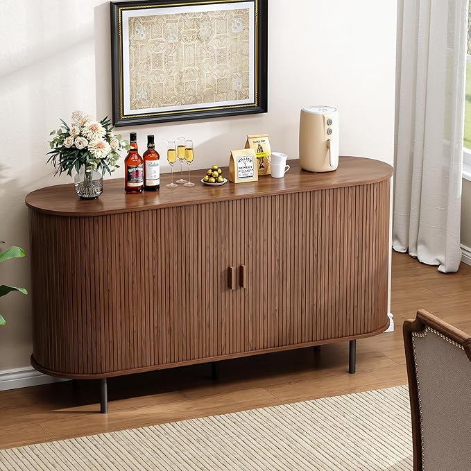 Buffet Cabinet with Storage, 55" Fluted Sideboard Buffet with Sliding Door, Coffee Bar Cabinet with Adjustable Shelf, Console Table, Accent Table for Entryway, Kitchen, Dining Room, Walnut