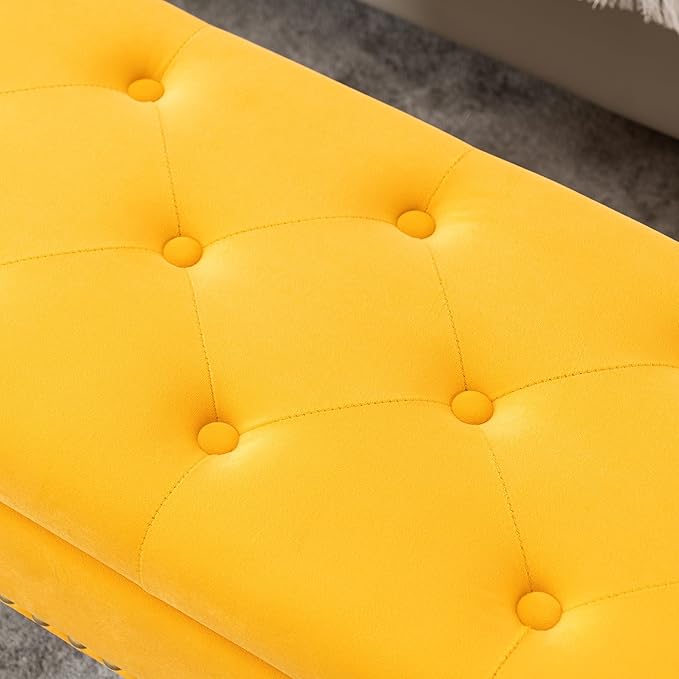 Velvet Storage Bench with Gold Legs& Nailhead Trim, 40" Wide Upholstered Modern Bedroom Bench for End of Bed, Tufted Ottoman for Entryway Living Room Dining Room (Mustard Yellow, 40" Wide)