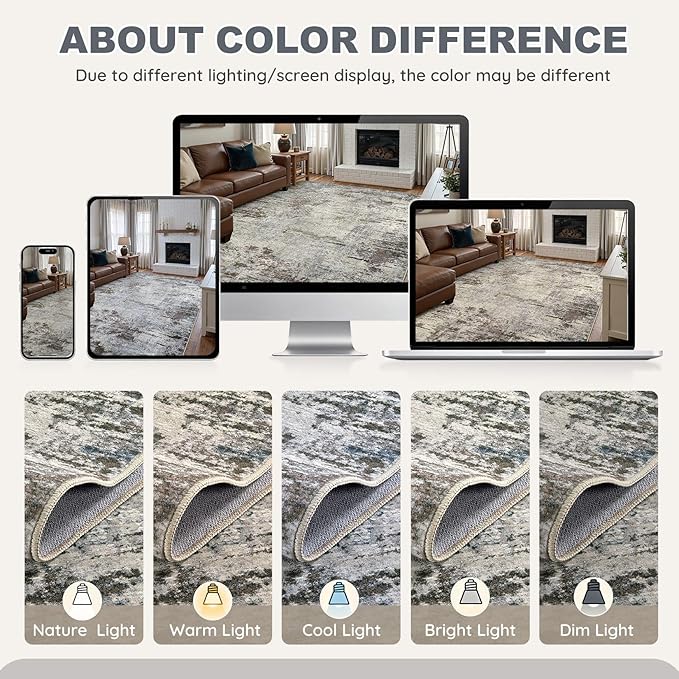 Area Rug Living Room Rugs - 8x10 Washable Large Soft Indoor Neutral Modern Abstract Low Pile Rug Carpet for Bedroom Dining Room Farmhouse Home Office - Brown Rust