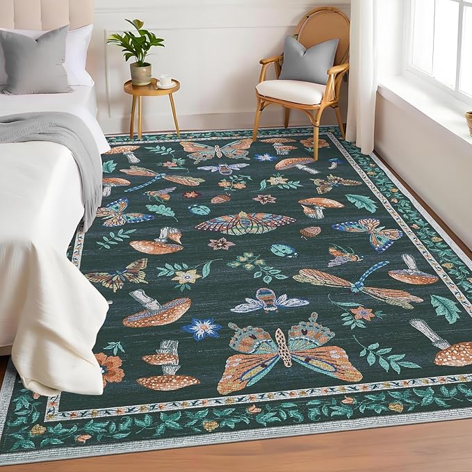 Mushroom Washable Area Rug 6x9 Rugs for Living Room Soft Low-Pile Stain Resistant Thin Carpet for Bedroom Dining Nursery Non Slip Mat with Rubber Black