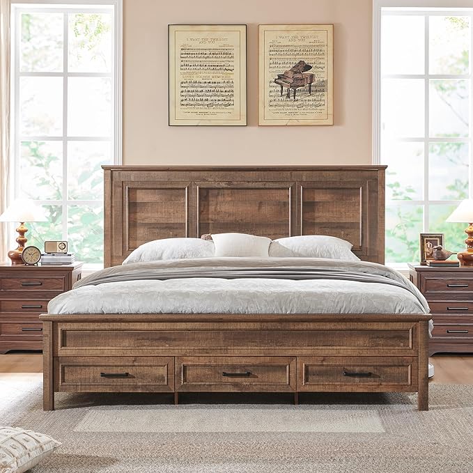 ACCOHOHO Farmhouse Queen Size Bed Frame with 52" Tall Headboard, Wood Platform Bedframe with Footboard and Storage Drawers, No Squeak, No Box Spring Needed, Light Brown