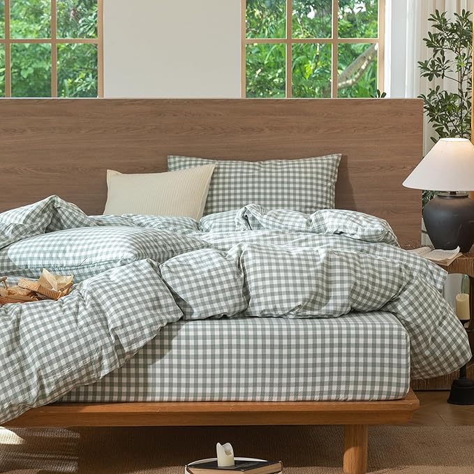 MooMee Gingham Duvet Cover Set 100% Washed Cotton Linen Like Textured Breathable Durable Soft Comfy Modern Checkered Design (Sage Green Gingham, Full 80"x90")
