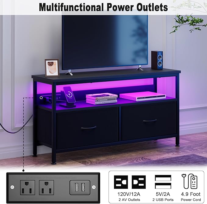 39" Dresser TV Stand for TVs up to 50", Media Console with LED Lights, Charging Station & 2 Drawer Storage Chest, Gaming Entertainment Center with Storage for Bedroom (Black, 39 in)