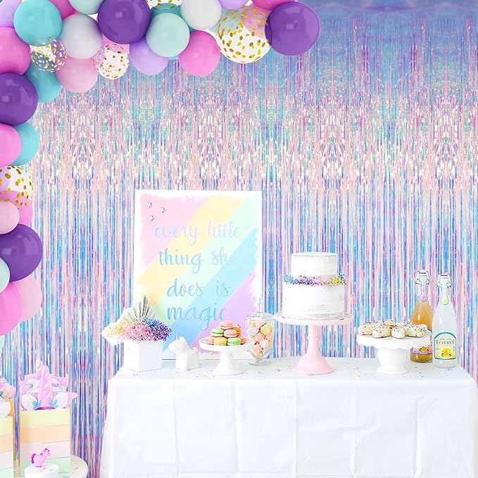 GOER 3.2 ft x 6.5 ft Metallic Tinsel Foil Fringe Curtains Party Photo Backdrop Party Streamers for Mermaid Birthday Party Decorations(1 Pack,Iridescent)