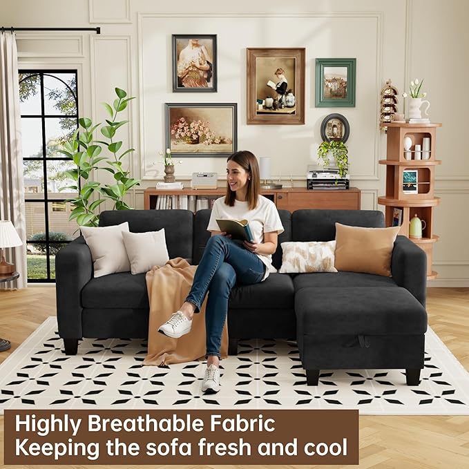 ZeeFu Sectional and Sofa Couches for Living Room - 78'' 3 Seater L-Shaped Modular Couch with Storage Ottoman - Modern Velevt Fabric Upholstered Sofa Set for Small Space Apartment Office