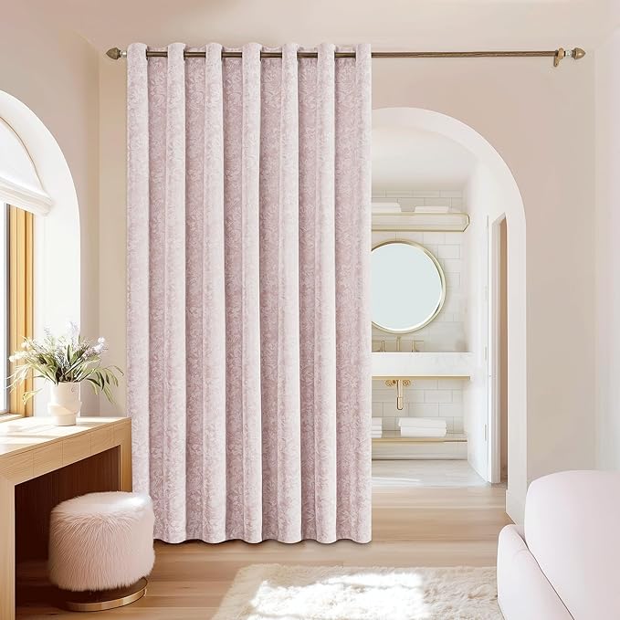 Beauoop Pink Floral Jacquard Blackout Curtains 84 Inches Long for Patio Sliding Door Extra Wide Chenille Flower Divider Room Darkening Thermal Soundproof Grommet Window Drapes, 100x84 Set of 1