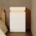 White Nightstand with 3 Drawers and LED Light, Mid Century Modern Fluted Night Stand with Charging Station, Bedside Table & End Table for Bedroom