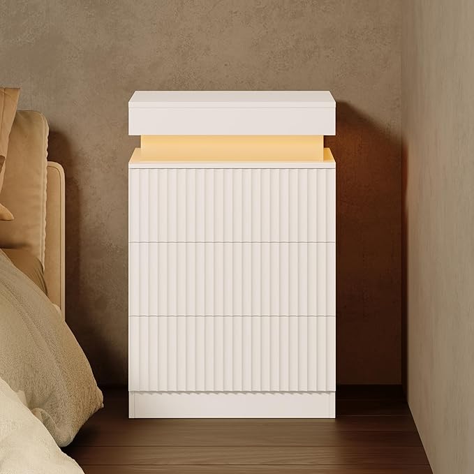 Nightstand Set of 2 for Bedroom, LED Nightstand with 3 Drawers and Charging Station, Mid Century Modern Fluted Nightstands, Bedside Tables & End Tables, White