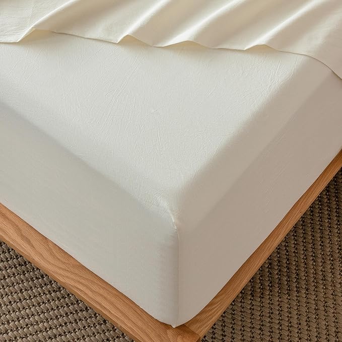 MooMee Fitted Bottom Sheet Only 100% Washed Cotton Linen Like Textured Breathable Durable Soft Comfy Deep Pocket Fits Mattress up to 17" (Cream White, Queen)