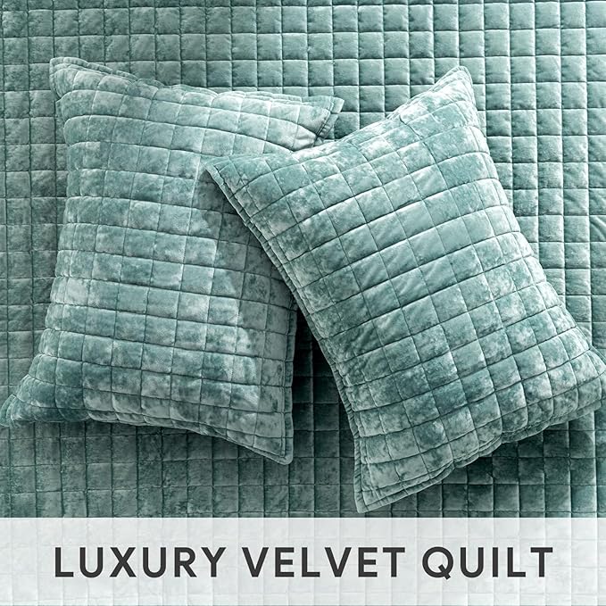 RECYCO Luxury Velvet Quilt Set King Size, Lightweight Velvet Comforter Set, Oversized Bedspread Coverlet Quilted Bedding Set, with 2 Matching Pillow Shams, for All Season, Aqua Green