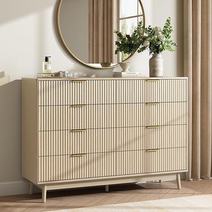 CARPETNAL Fluted 8 Drawer Dresser for Bedroom, 55" Wide Wooden Chest of Drawers with Rounded Corners, Gold Handles, Modern Storage Organizer for Bedroom, Hallway(Beige)