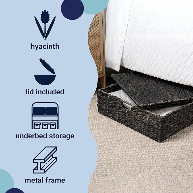 happimess BSK2015C Holden 30" Classic Costal Hand-Woven Hyacinth Wicker Under Bed Storage Basket with for Storage and Decoration in Bathroom, Bedroom, Closet, Entryway, Black