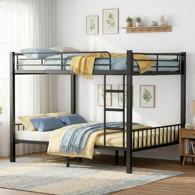 Queen Over Queen Bunk Bed for Adults & Teens, Heavy Duty Metal Bunk Bed with EVA Anti-Slip Ladder & Full-Length Guardrails, Noise-Free Queen Bunk Bed Frame with Under-Bed Storage, Black