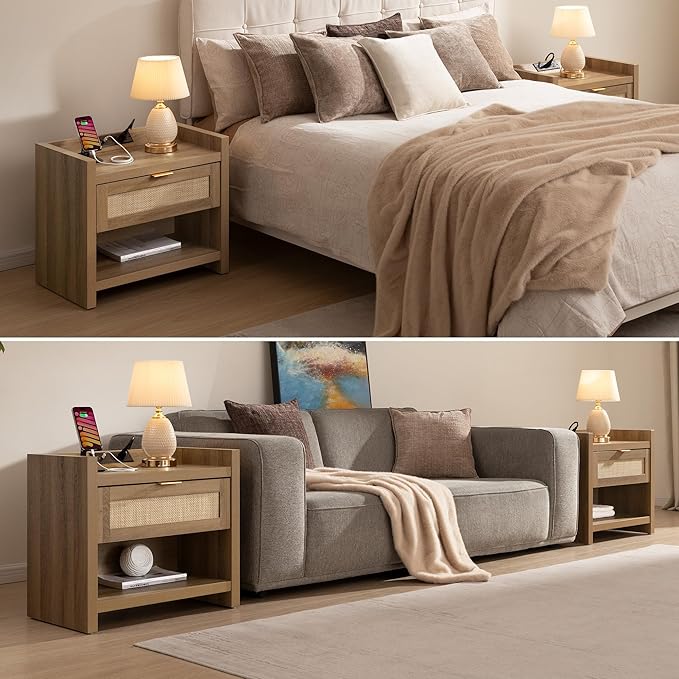 SICOTAS Night Stand Set of 2 Nightstands - Rattan Bed Side Table with Drawer Storage,Type-C Charging Station End Table - Boho Bedside Night Stands for Bedroom - Natural Oak
