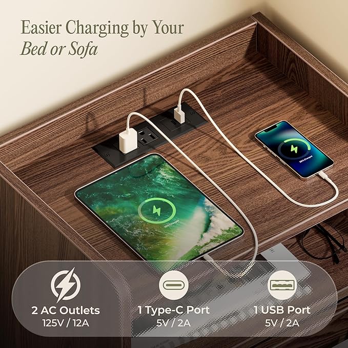 Huuger Nightstand with Charging Station, USB-C Port, Fluted Night Stand with Drawer, Bed Side Table with Solid Wood Feet, Open Storage, End Table with Raised Edge, for Bedroom, Walnut