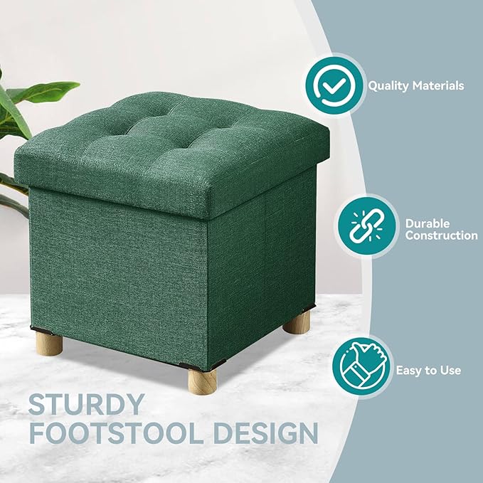 BRIAN & DANY Ottoman with Storage, Small Storage Ottoman for Dorm, Linen Folding Ottoman Foot Stool with Legs for Living Room and Bedroom, 15"x15"x15" - Dark Green