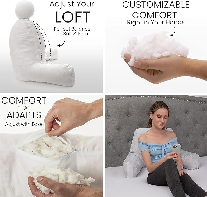 Husband Pillow Light Grey, Original Reading Pillow in Bed Rest Chair, Shredded Memory Foam Large Lounge Cushion Adult Backrest with Arms, Comfy Back Support for Sit Sitting Up, Wash/Removable Cover