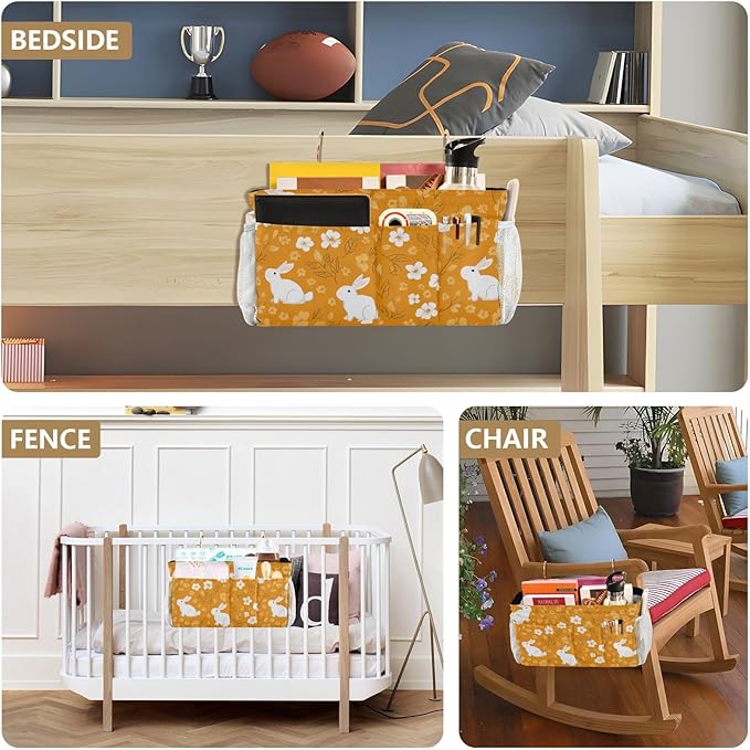 Bedside Caddy Hanging Bunk Bed Caddy Bed Organizer Hanging Pocket with 2 Hooks Bedside Storage Organizer Pocket Bag Holder White Flowers Bunny Orange Leaf