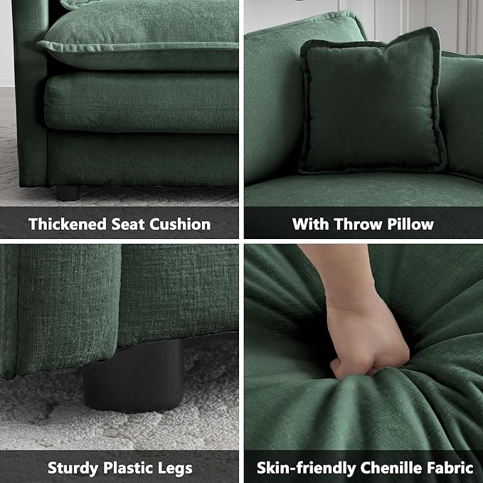 mikibama 41.4" W Single Seat Sofa, Chenille Comfy Deep Upholstered Couch Armchair with Toss Pillow for Living Room Bedroom Office Apartment, Evergreen