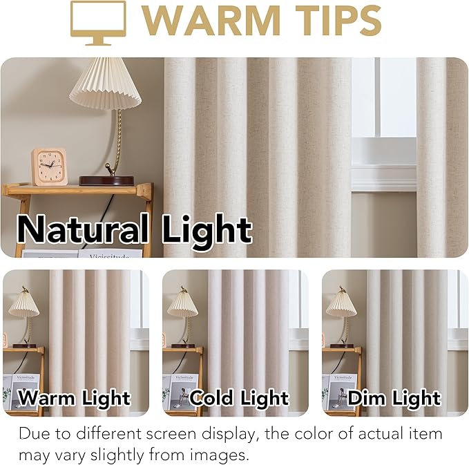 H.VERSAILTEX Linen Curtains 100% Blackout Curtains for Bedroom 45 inch Long Full Light Blocking Nature Linen Blended Window Curtains for Living Room Nickel Grommet (2 Panels, Heathered Natural)