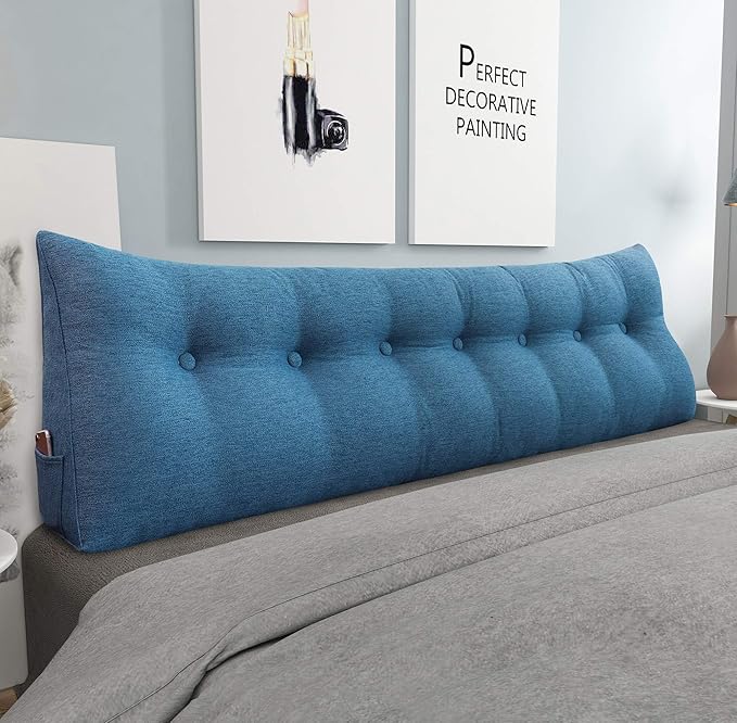 homecozy Wedge Headboard Pillow Dorm Room Reading Pillow Back Support for Sitting Up in Bed Bolster Lumbar Cushion Body Positioning Bedrest Cotton Linen 76in Blue King