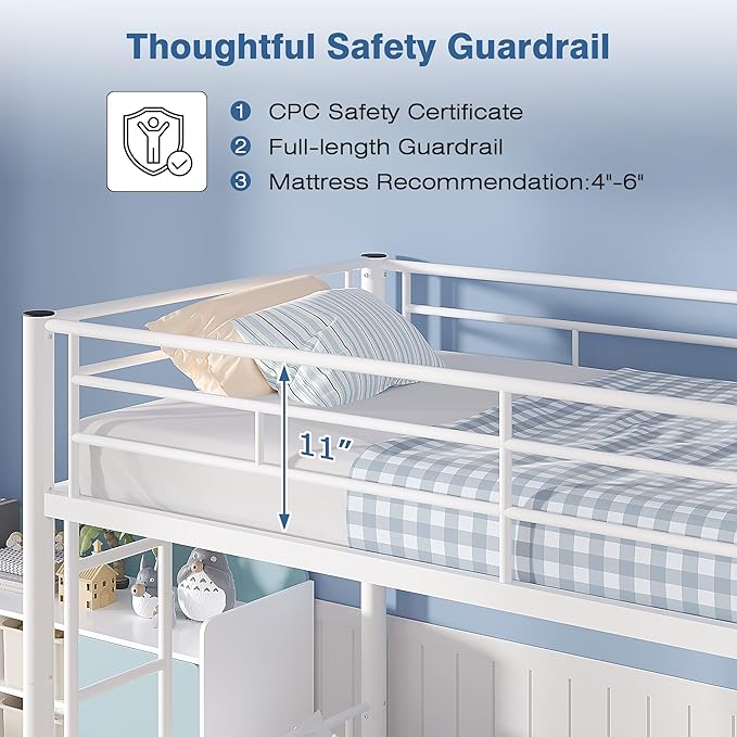 VECELO Bunk Bed Twin Over Twin, Metal Bunkbeds with Ladder and Full-Length Guardrail, No Box Spring Needed, Space Saving, Noise Free, White