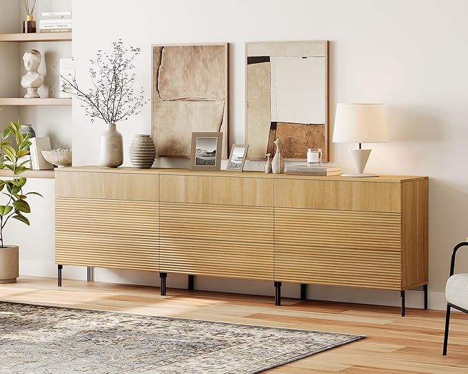 WAMPAT 94.5" W Fluted Dresser for Bedroom, Modern 9 Drawer Dresser TV Stand with Hidden Handles, Wooden Chest of Drawers Closet Clothes Storage Organizer for Bedroom, Living Room, Oak