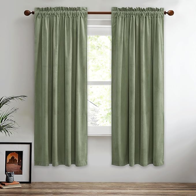 StangH Sage Green Curtains 72 inches Long Velvet Room Darkening for Nursery, Christmas Holiday Home Decor Blackout Drapes Energy Saving Rod Pocket for Living Room, W52 x L72, 2 Panels