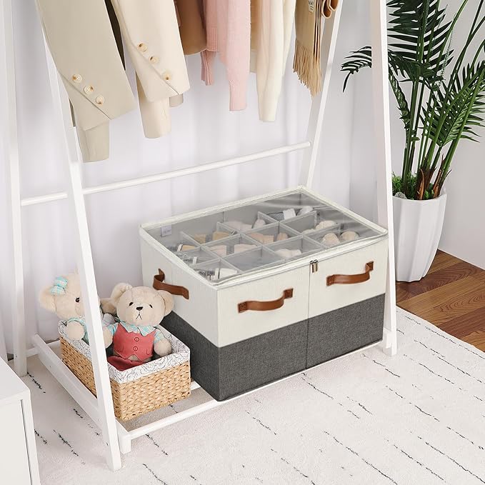 Shoe Organizer for Closet 2 Pack, Foldable Shoe Box with Adjustable Dividers and Clear Cover, Space Saving Shoe Storage Organizer Cabinet with Reinforced Handles, Fits 32 Pairs TP12WG