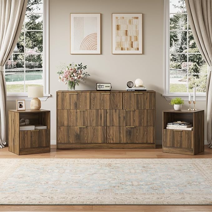 Fluted Dresser & Nightstand Set 3-Piece, 7 Drawer Dressers and Night Stand Set of 2 with Metal Handle, Fluted Mid Century Wood Chest of Drawers Storage Dressers Set for Bedroom, Walnut