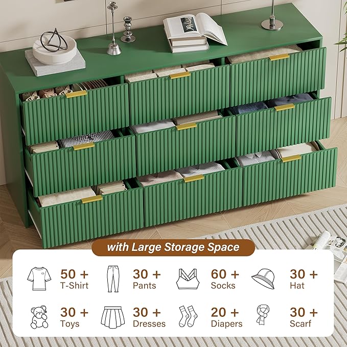 Green Dresser for Bedroom, Modern Dresser with 9 Drawers and Smooth Slides, Wide Chest of Drawers with Golden Handles for Bedroom, Living Room, Closet, 15.7" D x 63" W x 31.5" H
