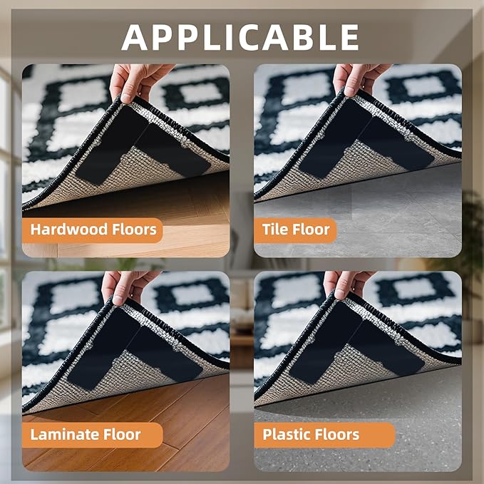 Washable Reusable Non-Slip Rug Pads 16 PCS,Double Sided Anti-Skid Tape,Strong Adhesive Mat Holders,Grippers for Area Carpet,No Damage Removable for Hardwood Floors