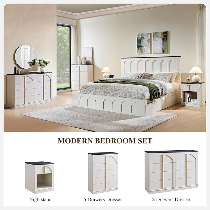 ACCOHOHO Modern 5 Drawers Dresser for Bedroom with Arched Panel,44" Tall Dresser for Closet with Metal Handles,Push-to-Open Wood Storage Closet Dressers Tv Stand for Living Room, Hallway,White
