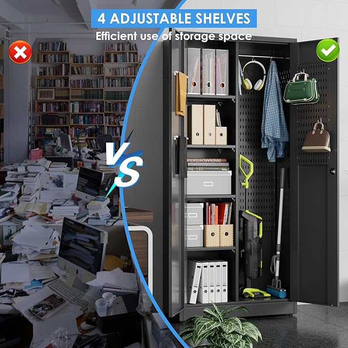 31.53 in Wide Garage Storage Cabinet, Metal Storage Cabinet with Pegboards and 4 Adjustable Shelves, Garage Storage System with Lockable Door for Offices, Gyms and Pantries, Black